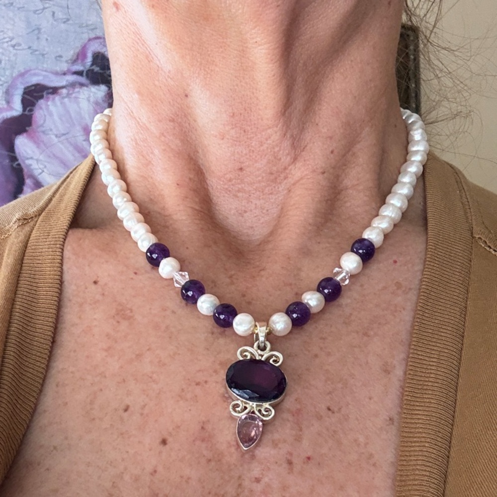 Elegant Pearl and Purple Bead Necklace